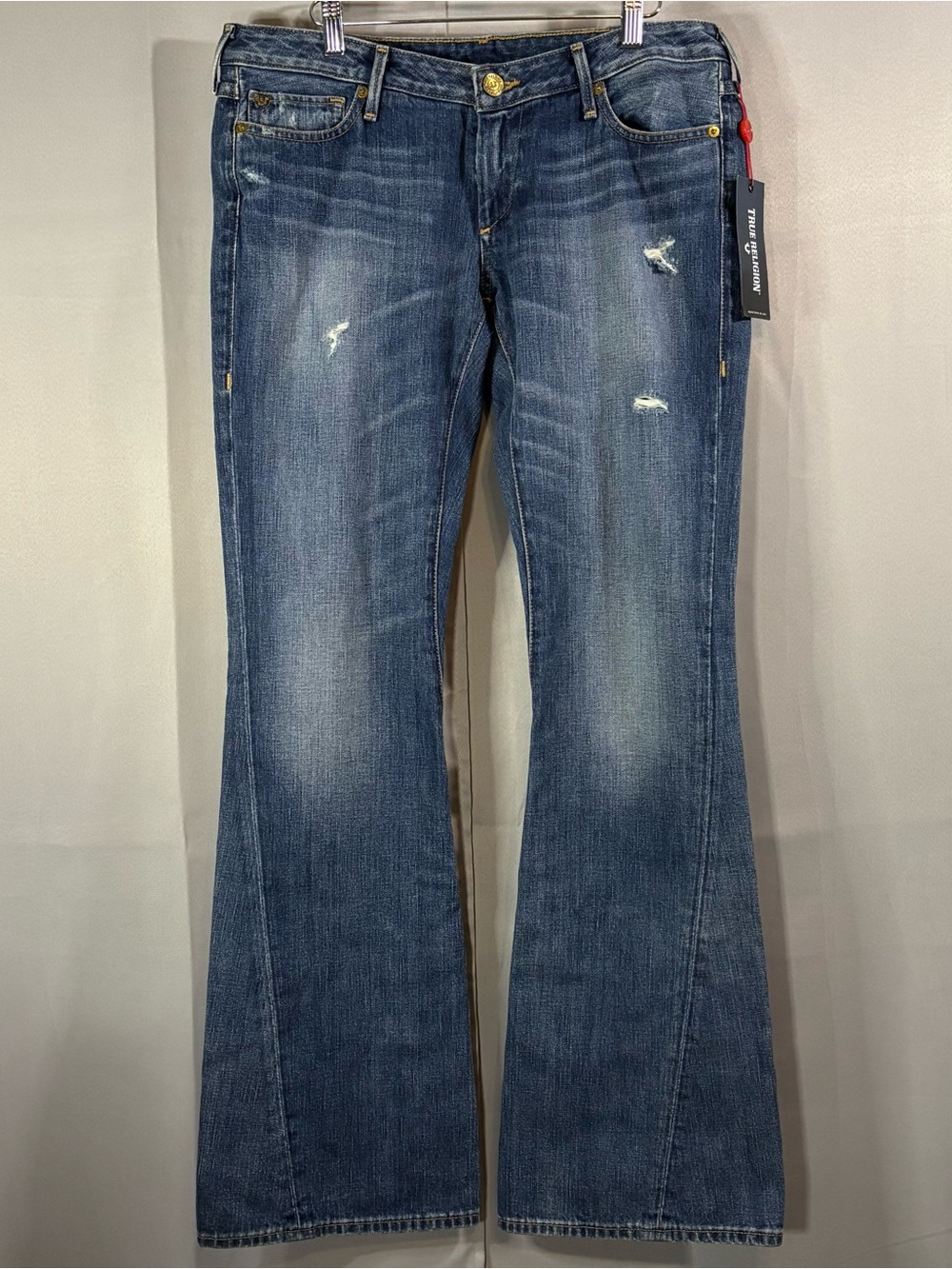 NWT True Religion Joey Flare Jeans Size 30 Distressed Medium Wash 34" Inseam